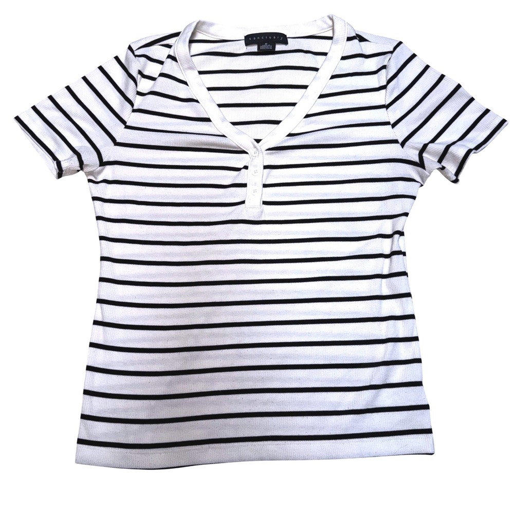 Sanctuary‎ Womens Navyblue White Striped Ribbed V-Neck Henley Short Sleeve Top M